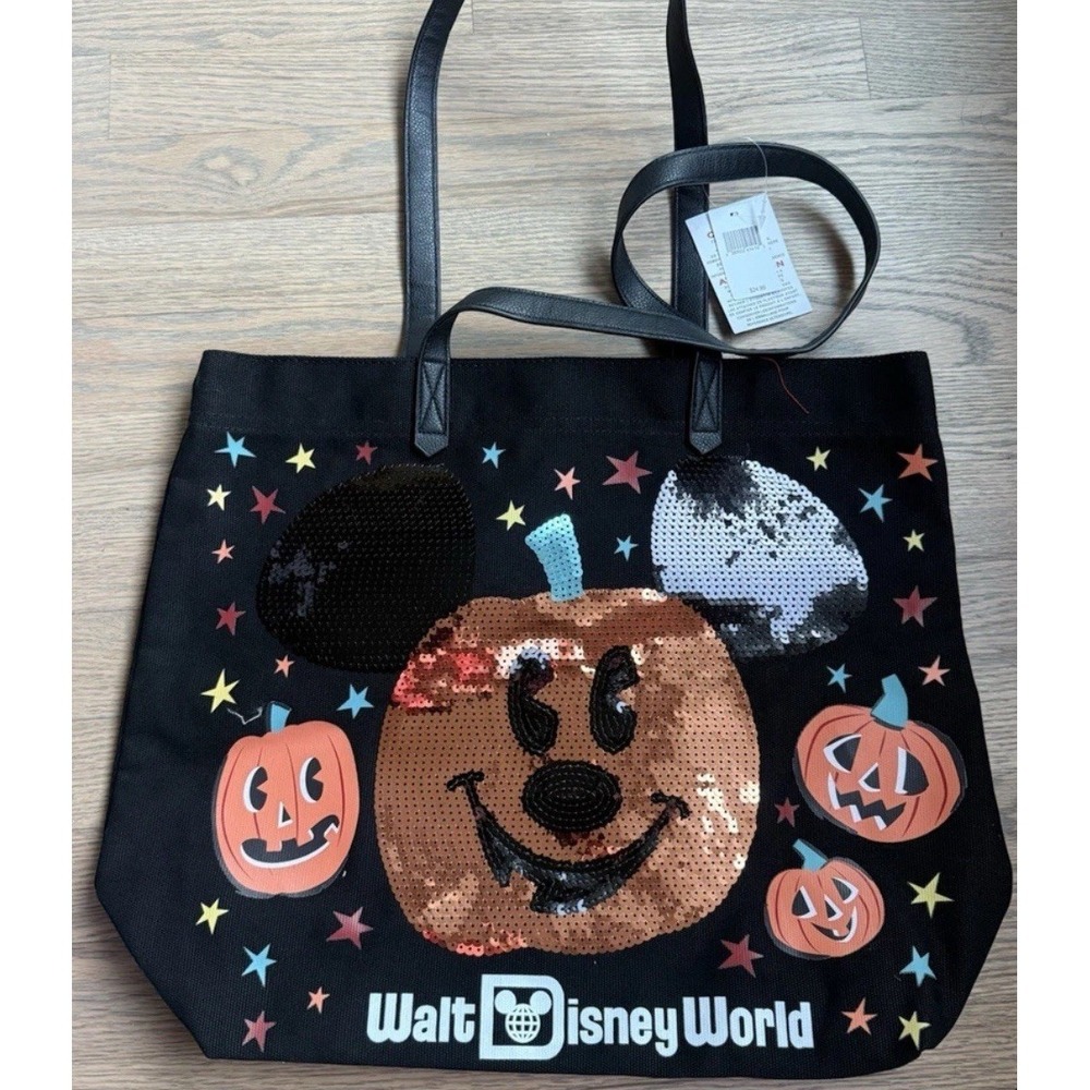 Walt Disney World Parks HALLOWEEN Mickey Mouse Pumpkin Sequin Tote Bag 14x18 NEW